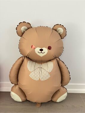 Cute brown teddy bear theme children balloon backdrop party with Plaid Bow
